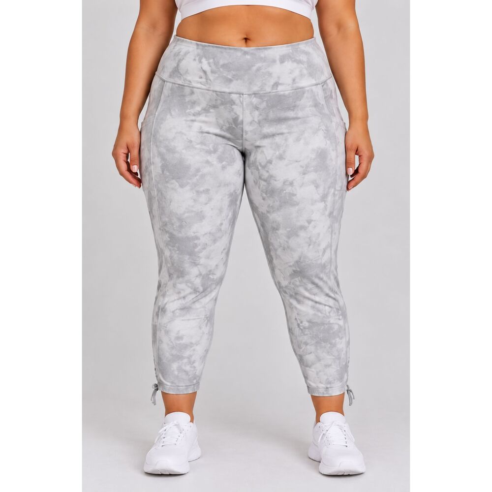 Chico's Zenergy Gray White Tie Dye Ruched Capri Leggings Size 2 12/14